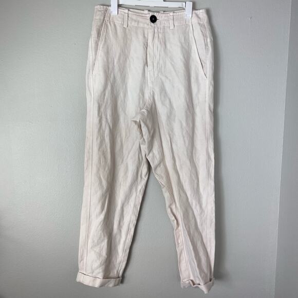 NWT Zara Linen Pant Rolled Ankle Cream High Rise - Picture 1 of 5